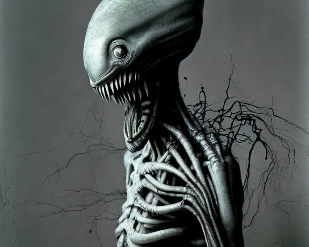 Unique digital artwork: humanoid alien with long head, eyeless, sharp teeth, skeletal body with vein