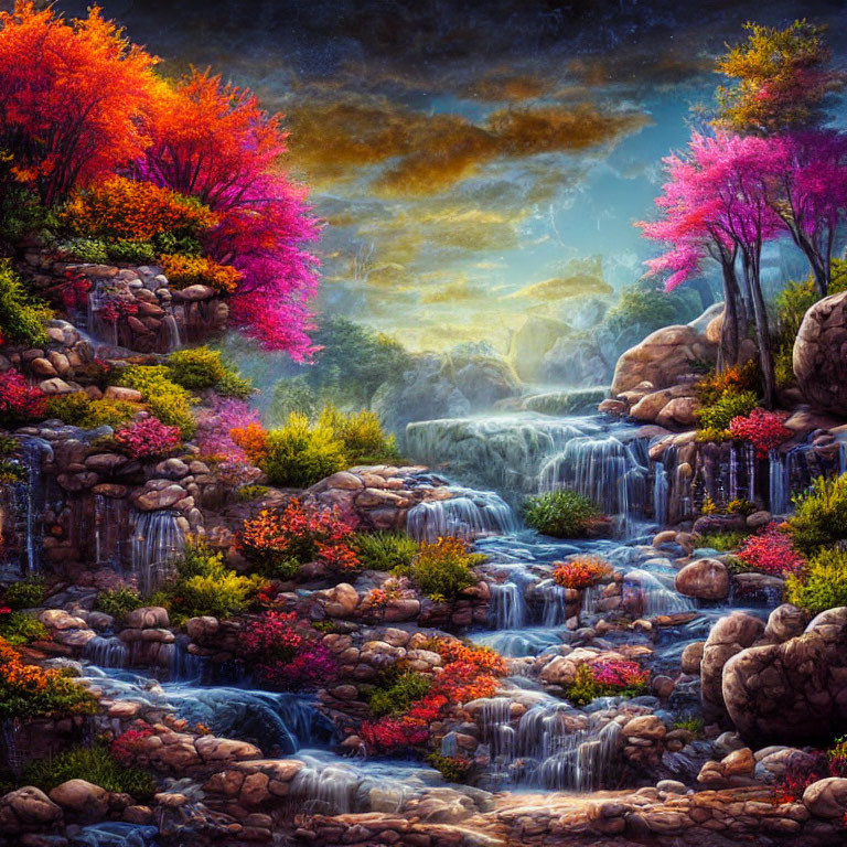 Colorful Waterfall Landscape with Dramatic Cloudy Sky