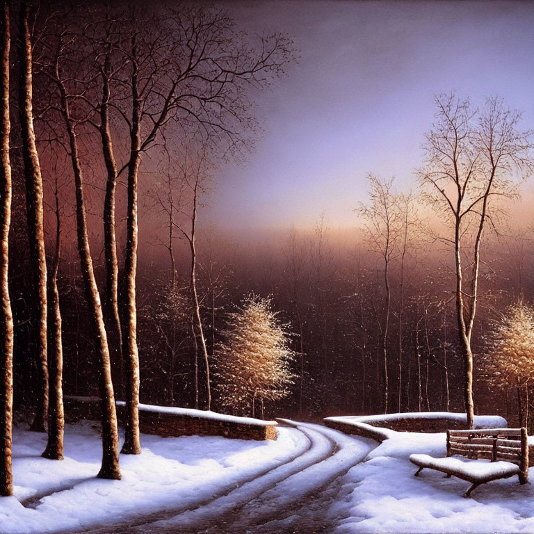 Snowy Path with Bare Trees, Bench, and Dusk Sky