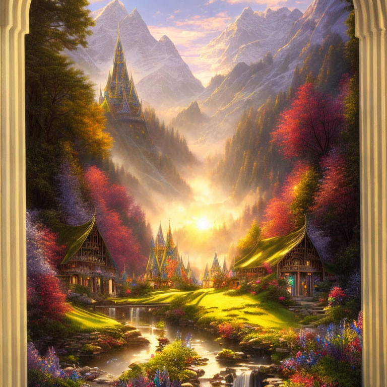 Sunlit Valley with Colorful Flora, Cottages, River, and Mountains