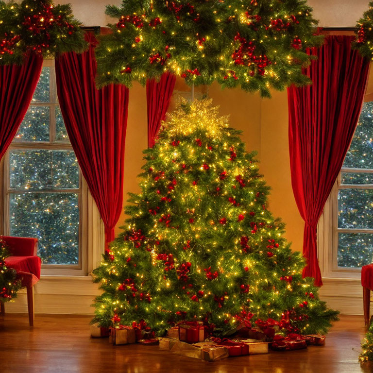 Festive Christmas tree with red ornaments and gifts in cozy room