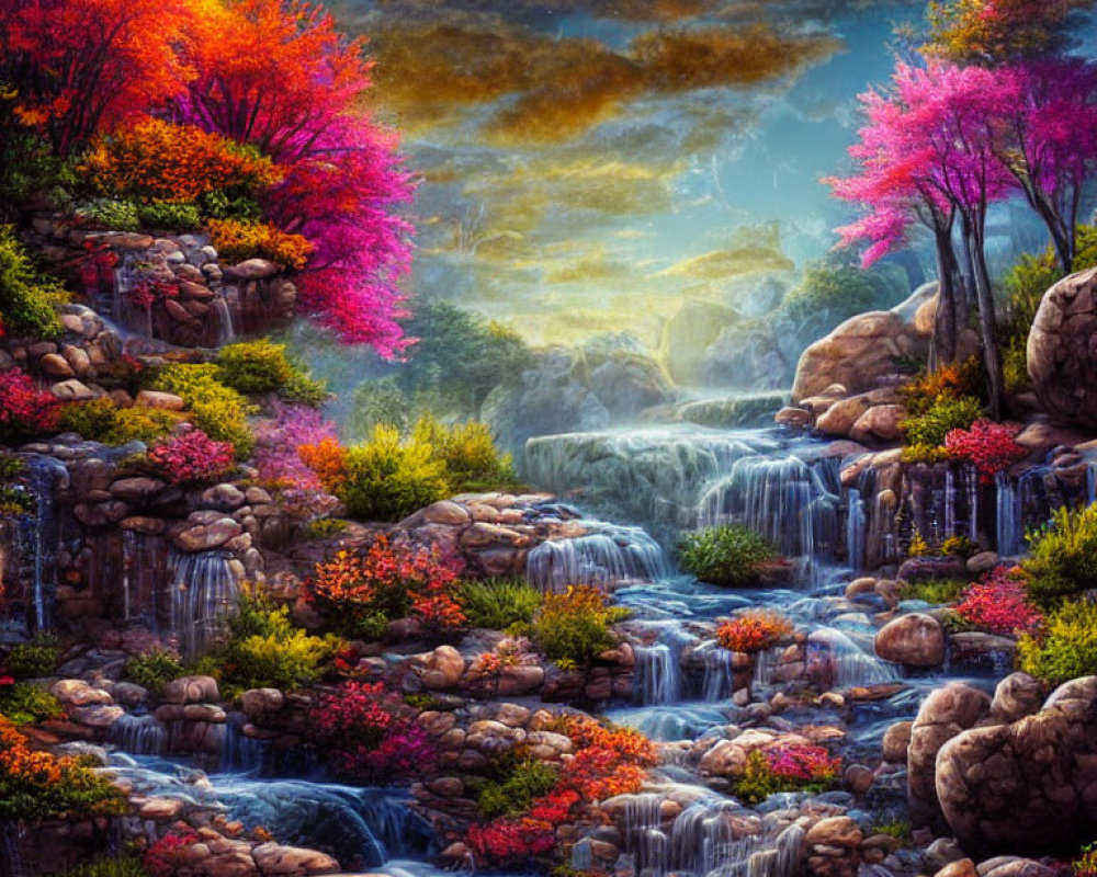 Colorful Waterfall Landscape with Dramatic Cloudy Sky