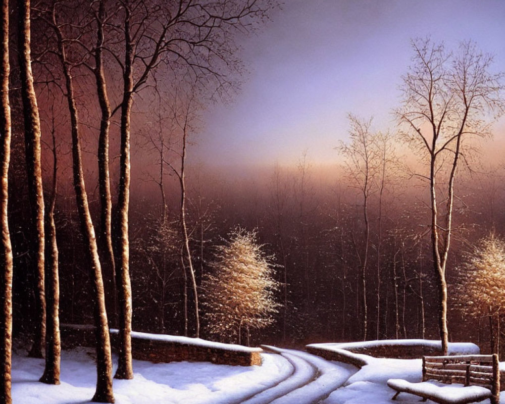 Snowy Path with Bare Trees, Bench, and Dusk Sky
