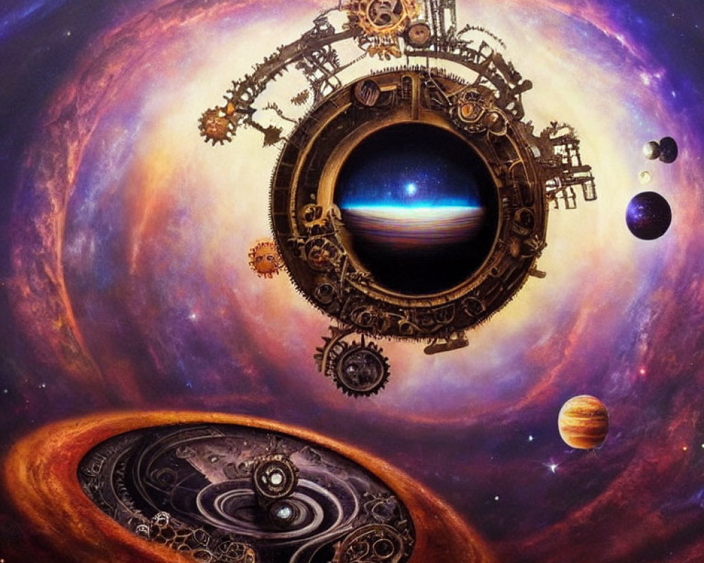 Surreal cosmic painting with circular portal, mechanical gears, and swirling planets