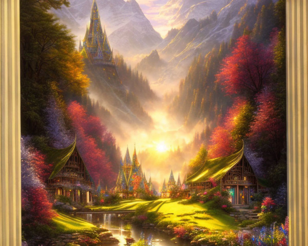 Sunlit Valley with Colorful Flora, Cottages, River, and Mountains
