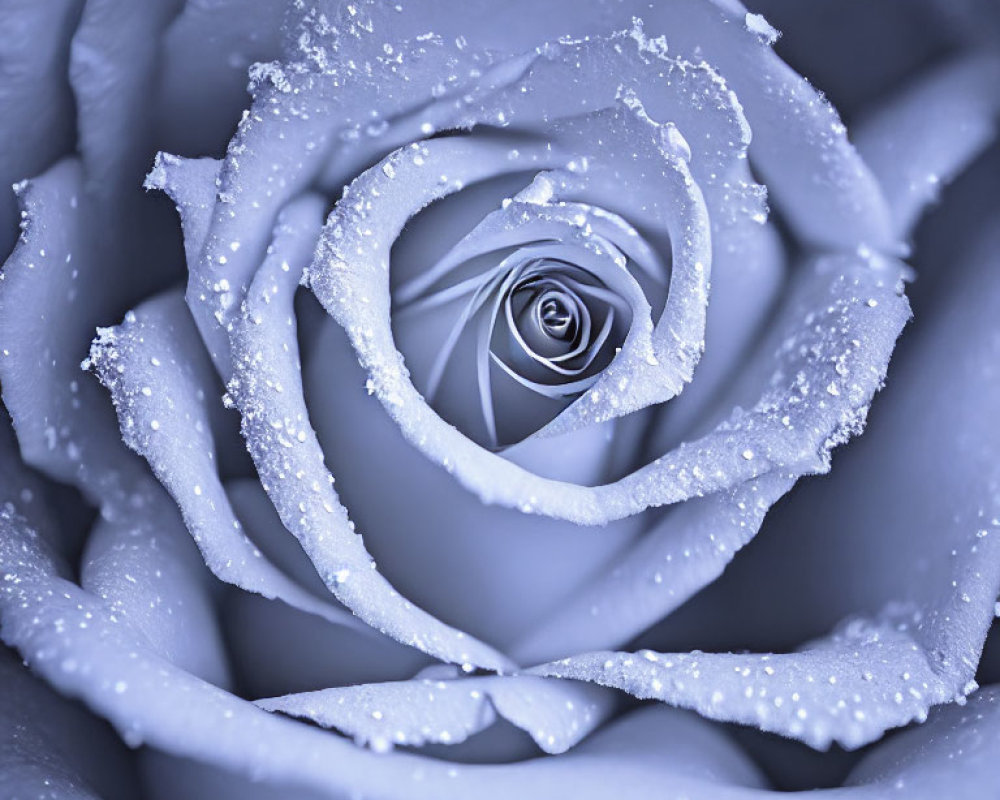Monochrome blue rose with dewdrops in close-up