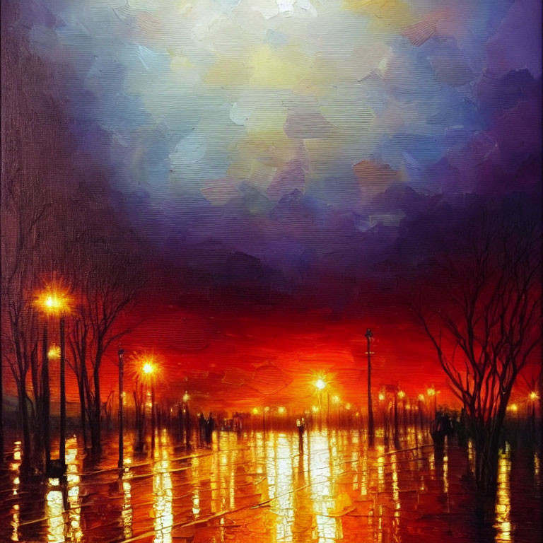 Vivid Oil Painting: Sunset with Glowing Lights and Silhouetted Trees