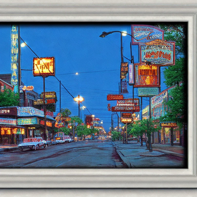 Vivid street at dusk with neon signs, empty road, and twilight sky in framed photo