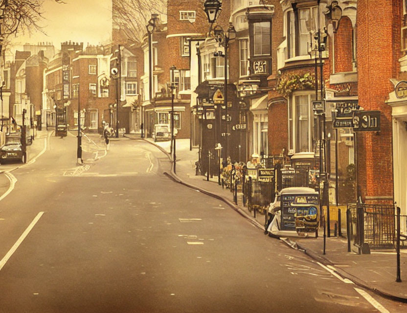 Sepia-Toned Urban Street with Classic Brick Buildings and Vintage Signs