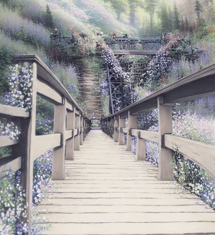 Wooden footbridge meets ornate metal railway bridge amidst blooming flowers