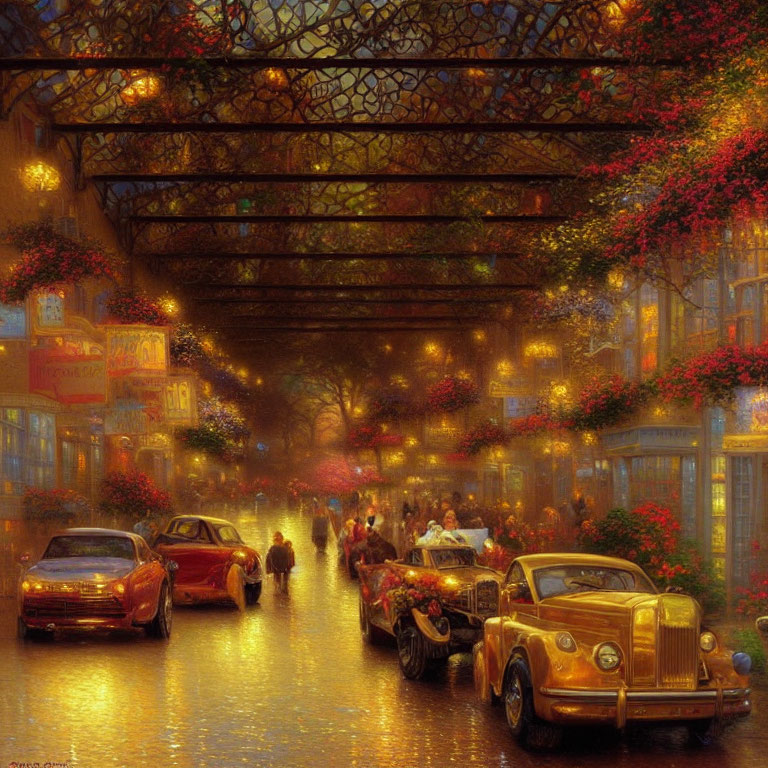 Vintage cars and pedestrians on rain-soaked street under glowing lights and floral trellises