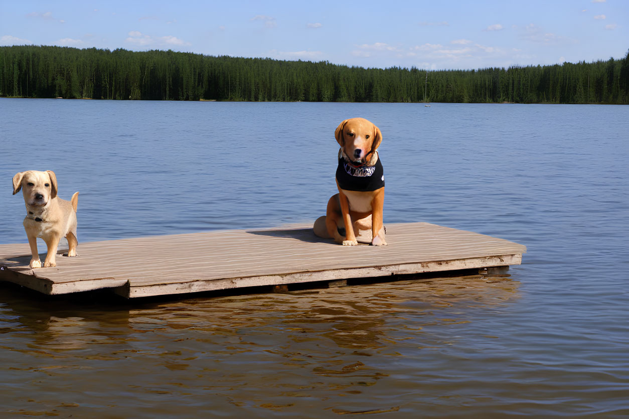 Two Dogs on Wooden Dock by Lake with Forest Background