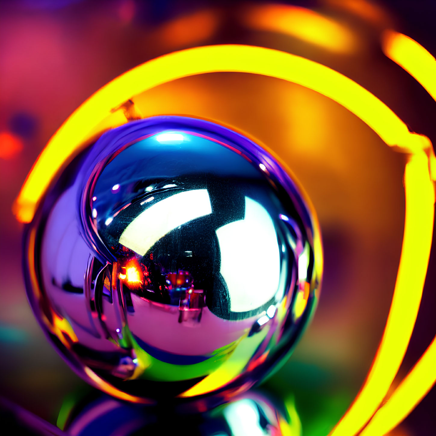 Reflective glass sphere against vibrant purple, blue, and orange background