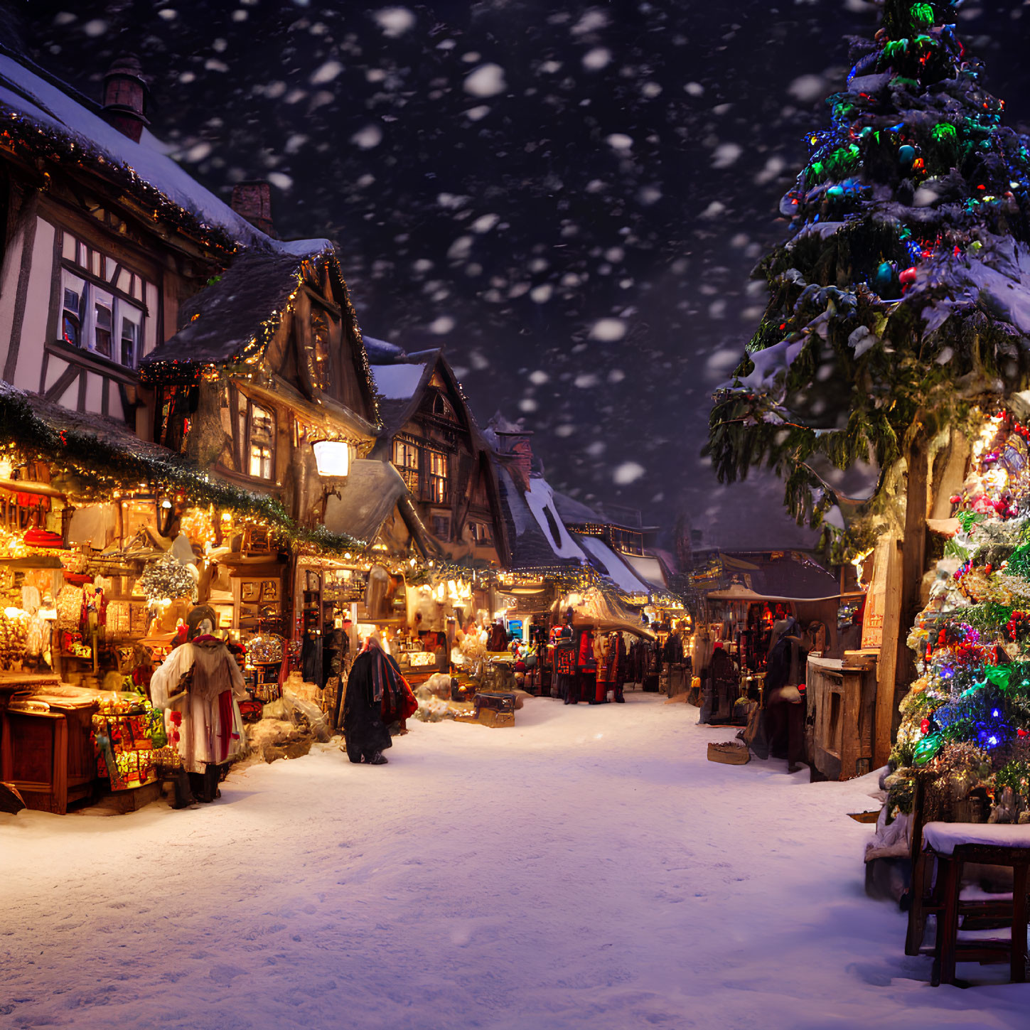Charming Christmas Market at Night with Snow and Lit Tree