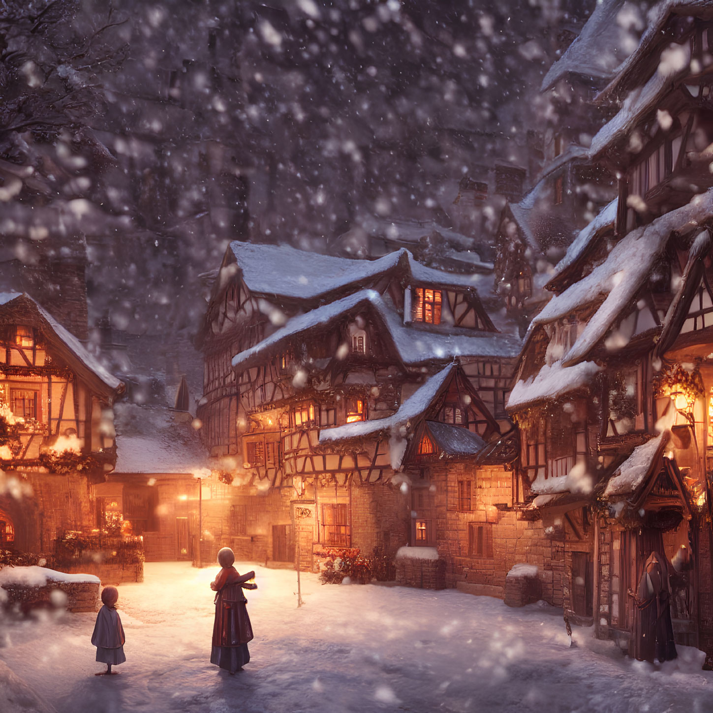 Snowy Evening Scene: Quaint Village with Half-Timbered Houses