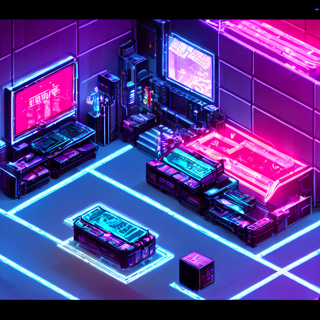 Futuristic cyberpunk room with neon-lit consoles and screens