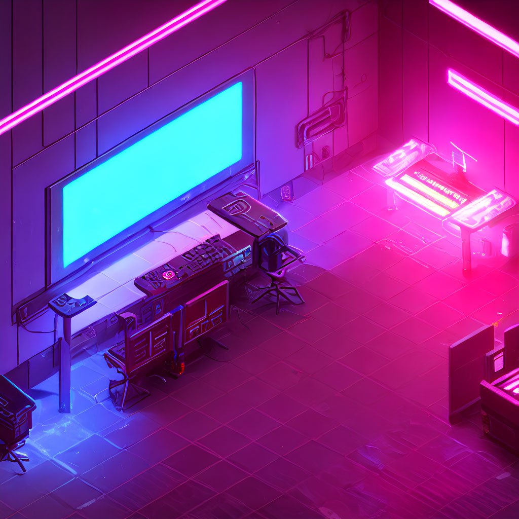 Futuristic Cyberpunk-Style Room with Neon Lighting