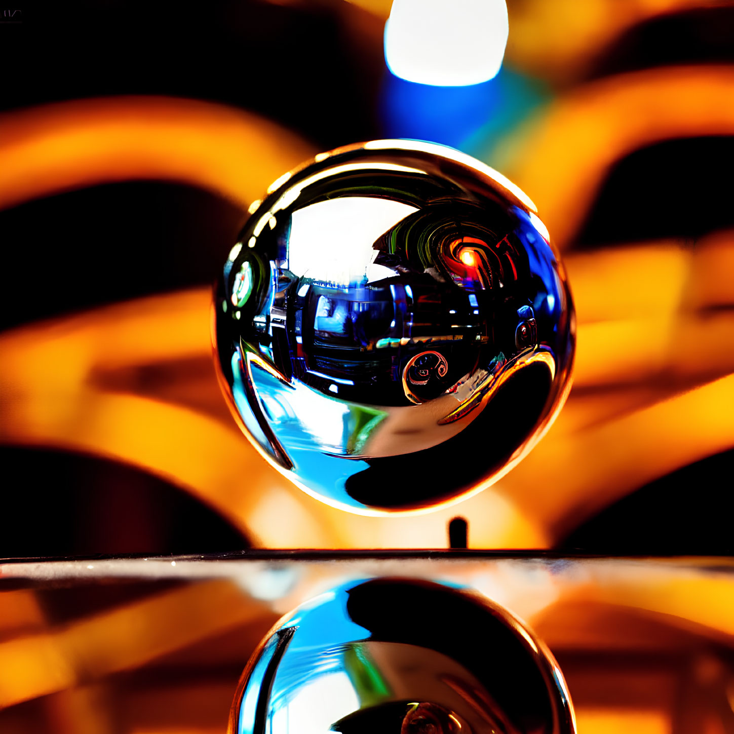 Crystal ball reflecting warm-toned room on reflective surface with bokeh effect