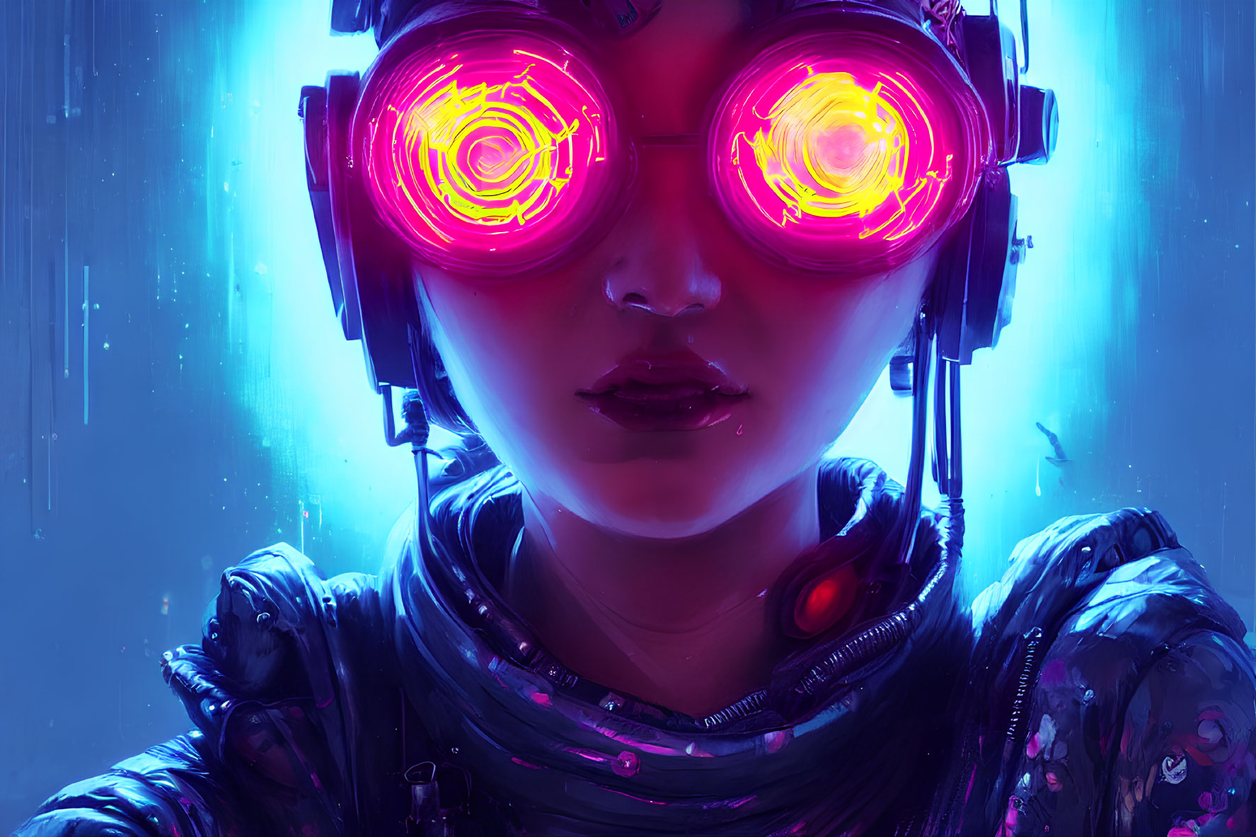 Person with glowing spiral eyes in futuristic headset and suit on blue neon-lit background