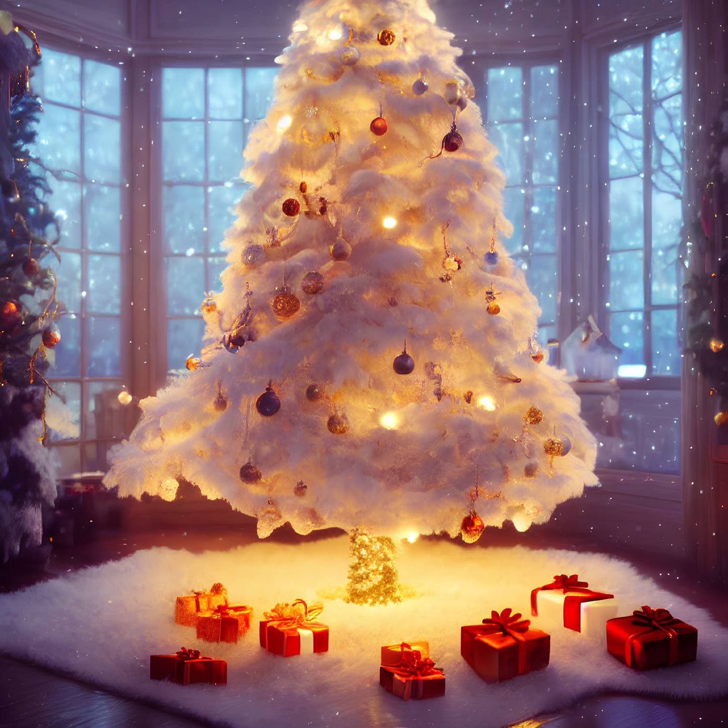 White Christmas tree with warm lights and ornaments in cozy snow-covered room