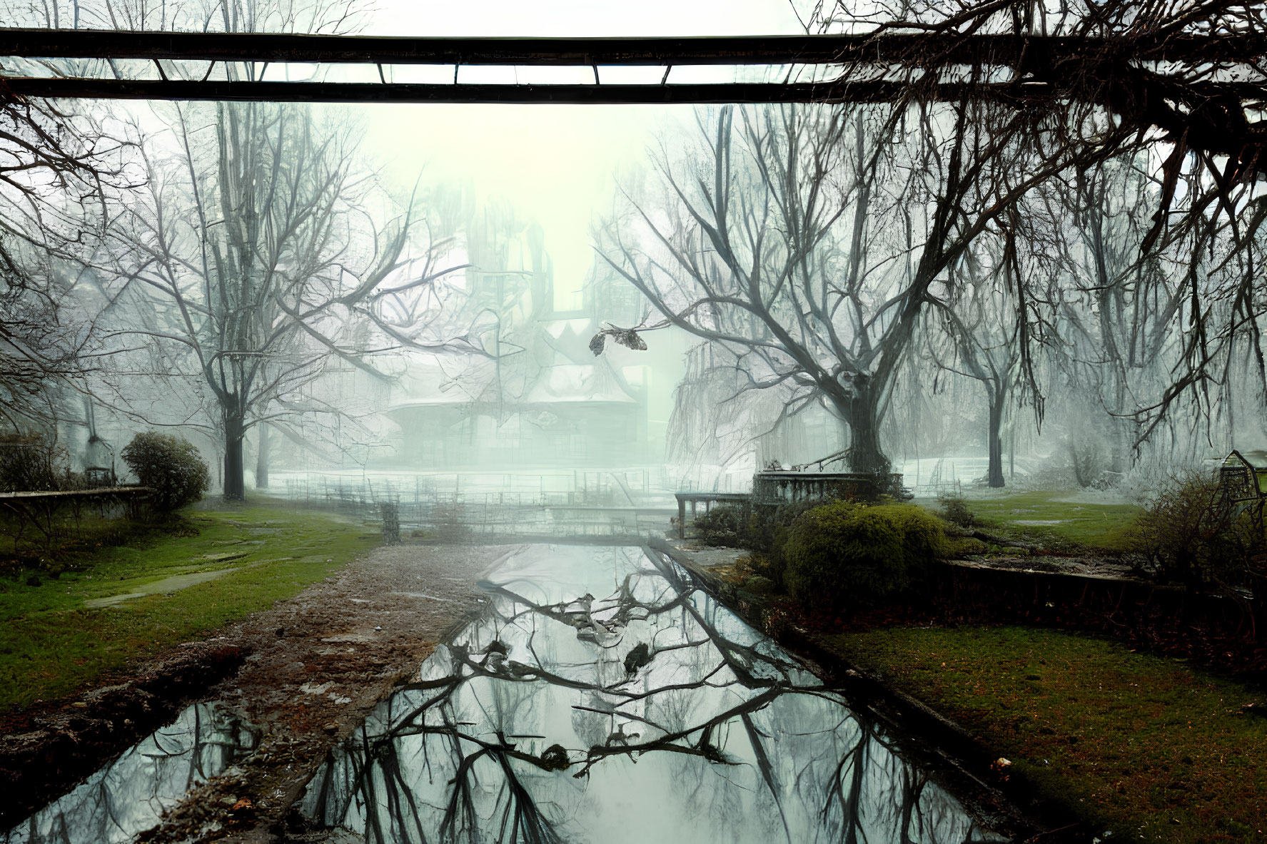Foggy landscape with bridge, reflective stream, and grand building