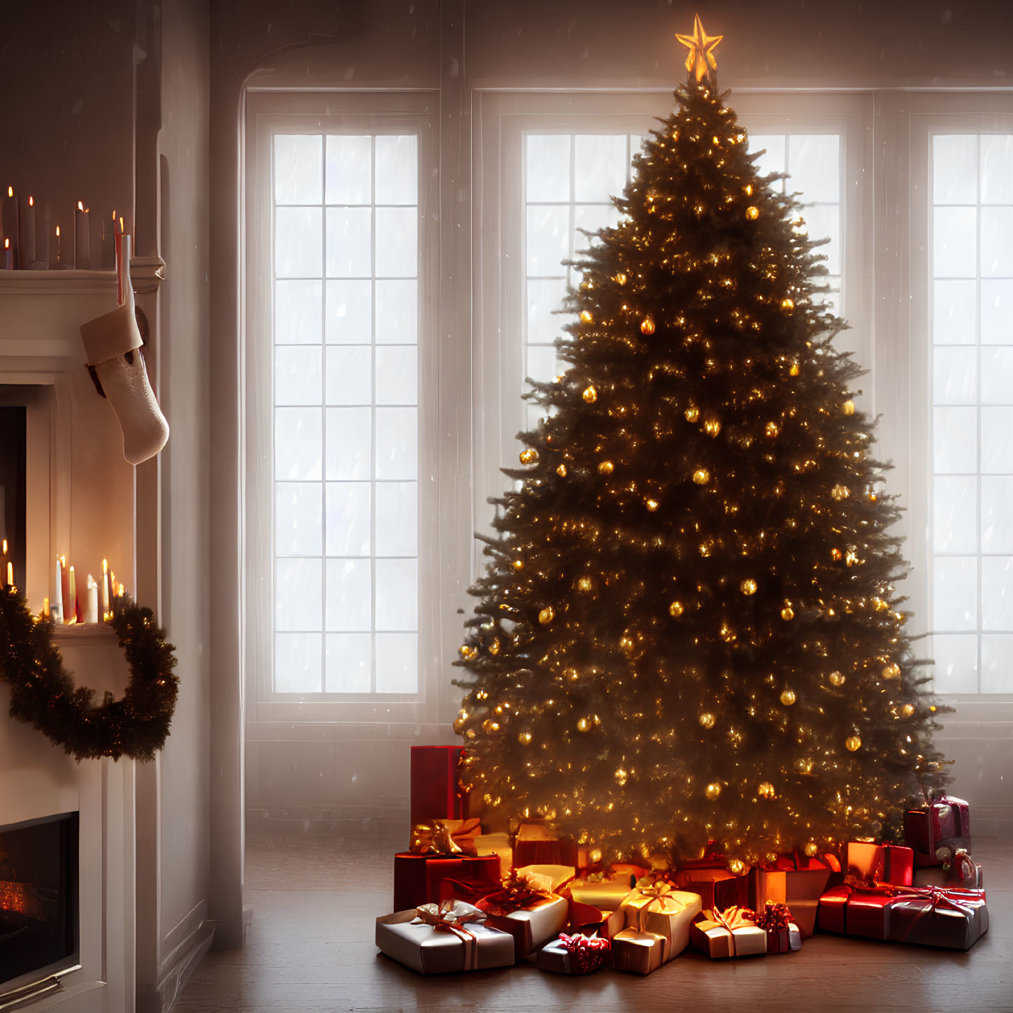 Warm Fireplace, Christmas Tree, Gifts, and Snowy View in Cozy Room