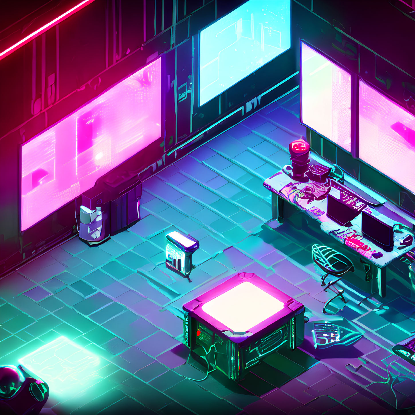 Futuristic room with neon lights, high-tech screens, illuminated table, and advanced gadgets.