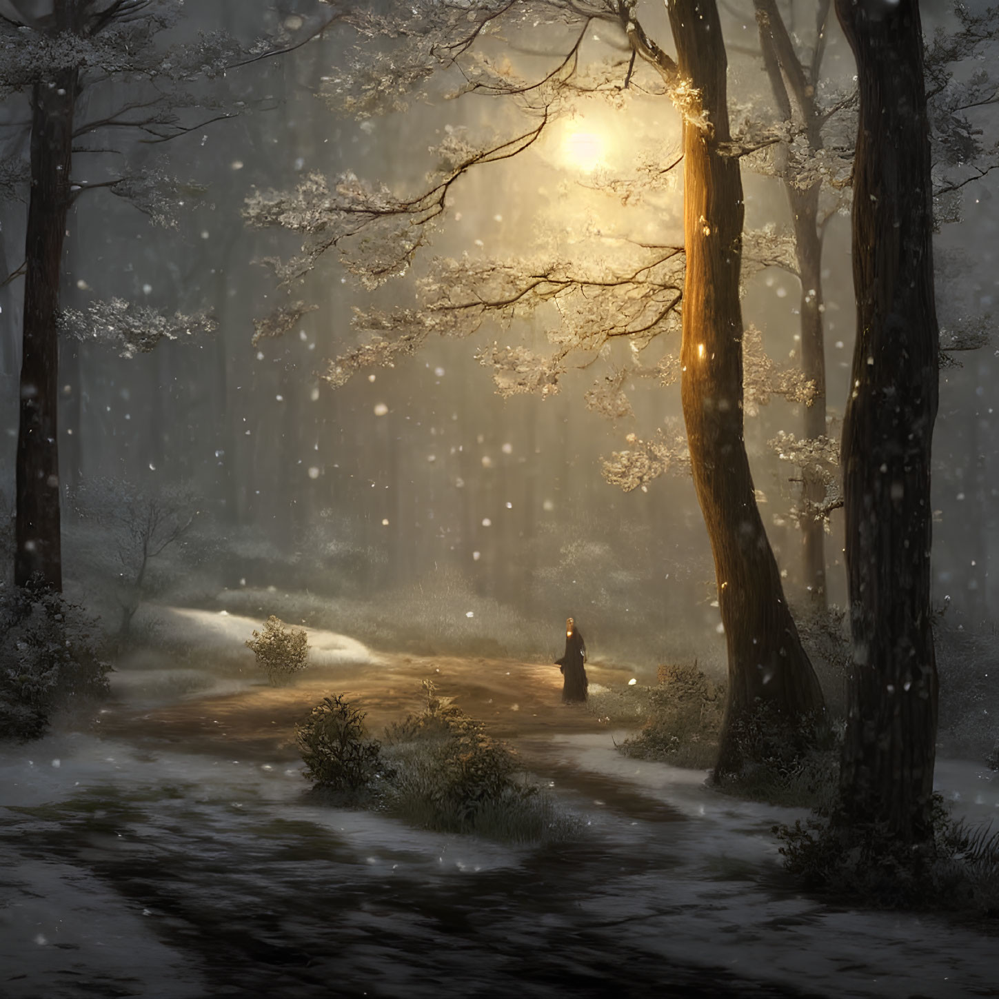 Snowy forest scene with lone figure walking in sunlight