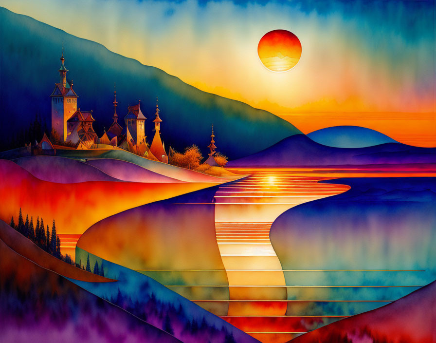 Colorful painting of rolling hills, river, castle, trees, and sunset sky