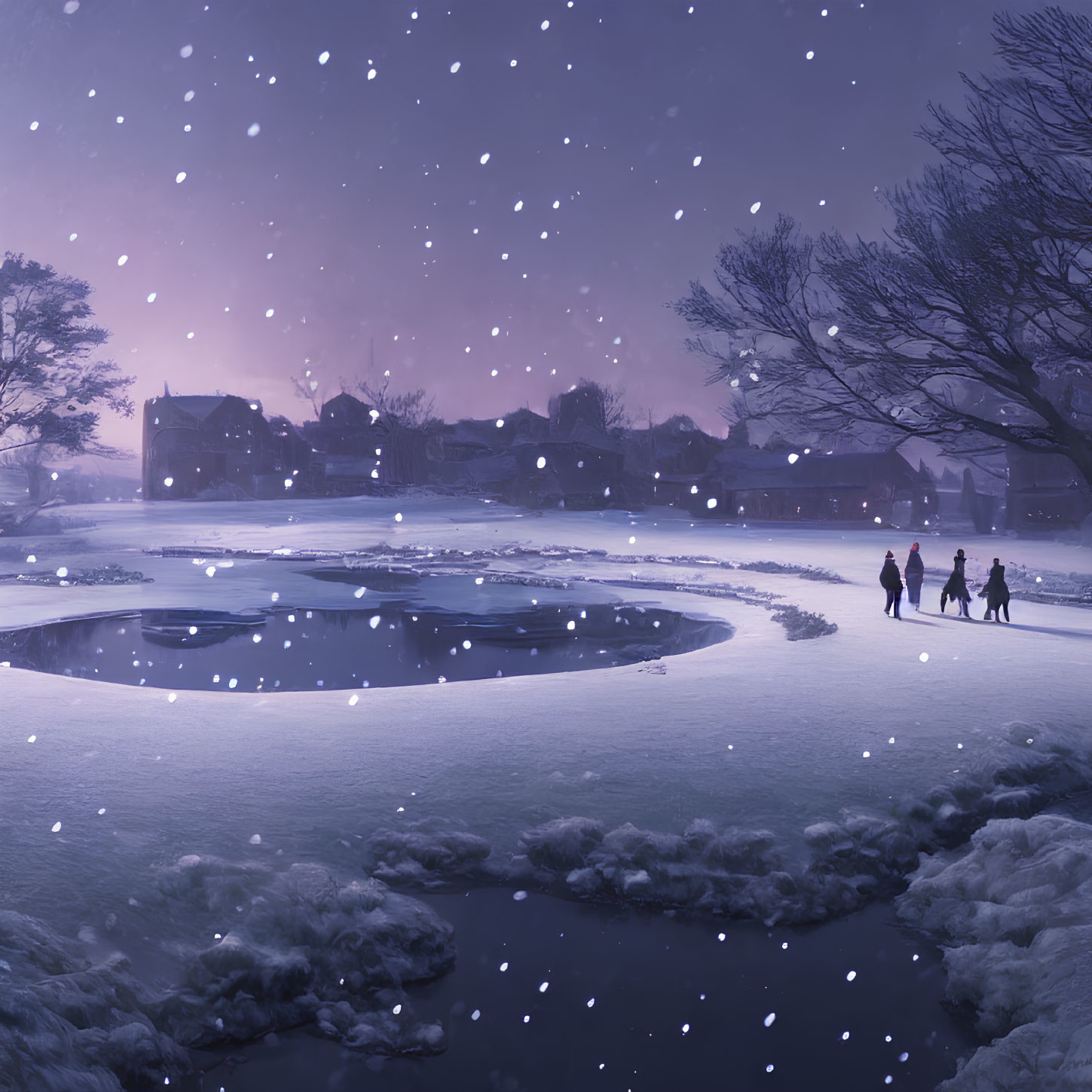 Winter Dusk Scene: People Walking by Frozen Pond in Snowfall