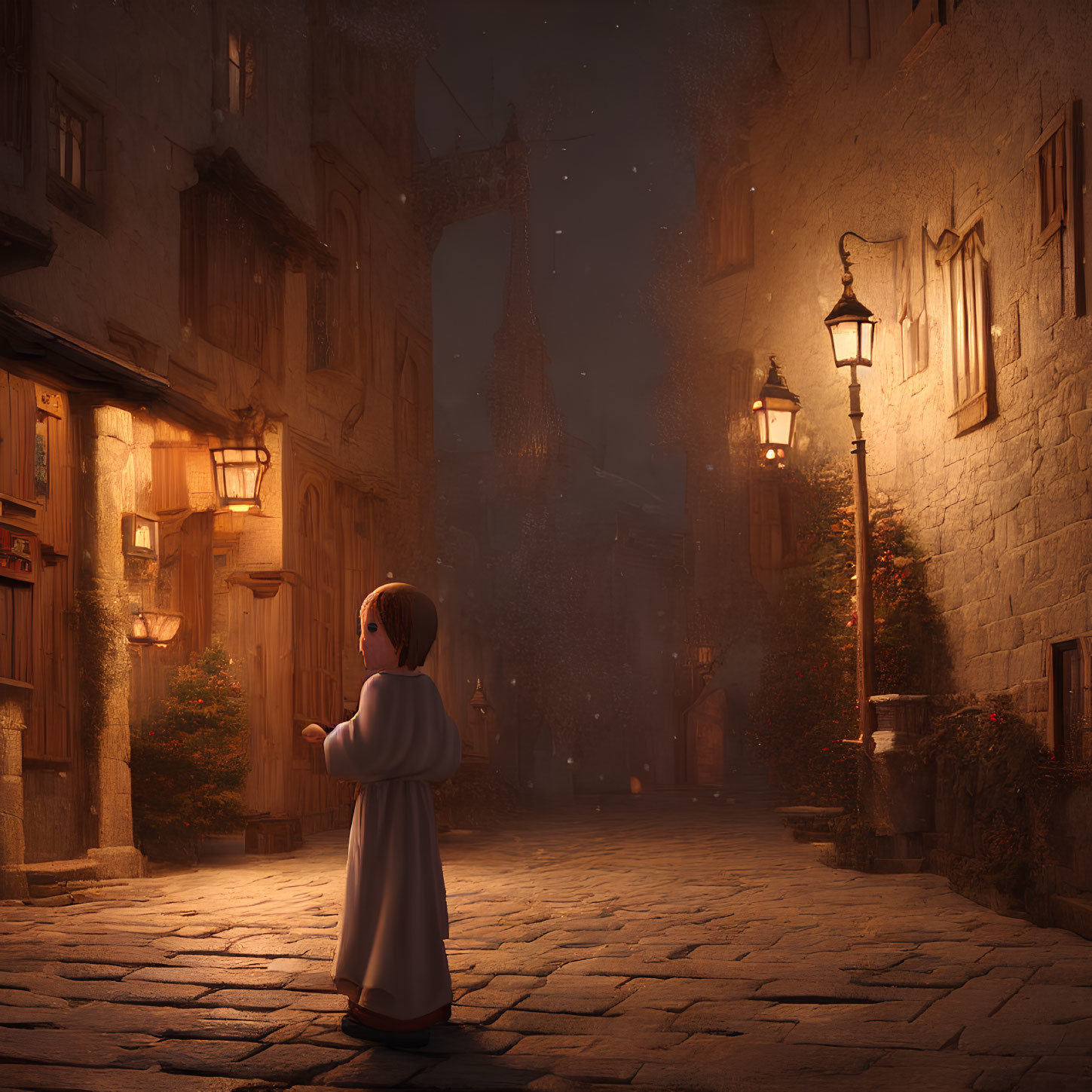 Child in white robe gazes at glowing street lamps in medieval alleyway