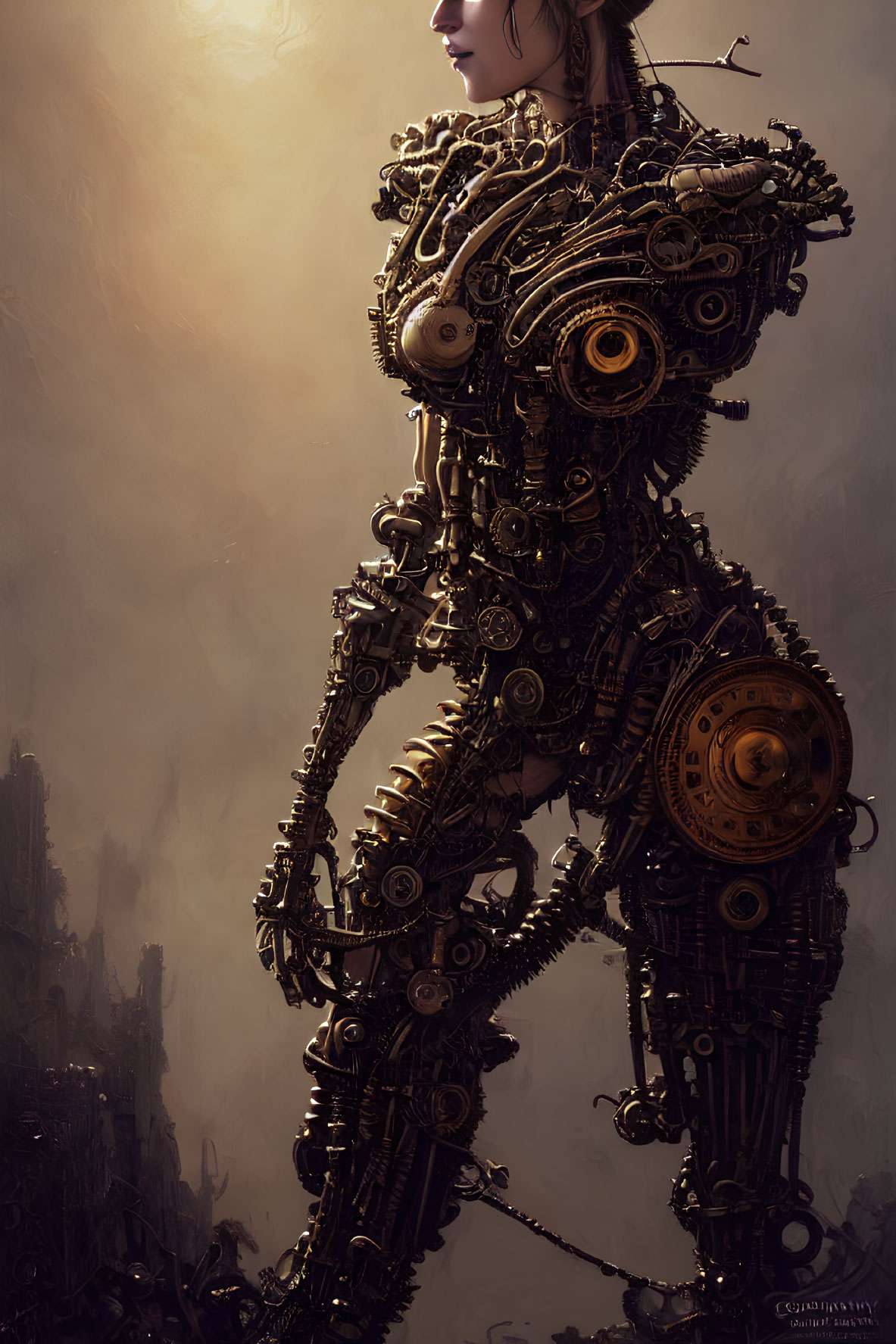 Intricate digital artwork of female form with mechanical parts against amber-lit backdrop