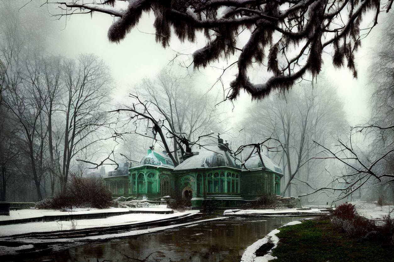 Winter landscape with frozen pond, vintage glasshouse, and bare trees in misty setting.