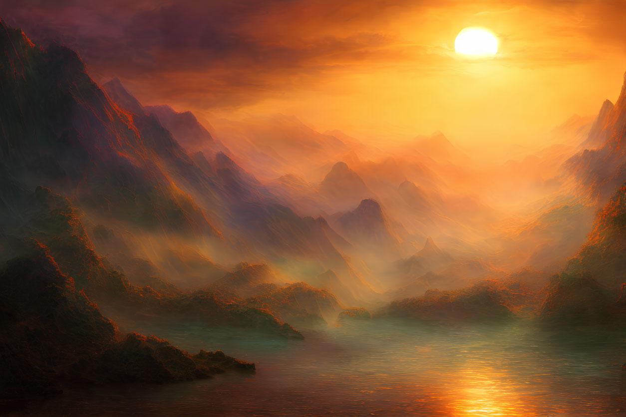 Surreal sunset over misty mountains with river reflection