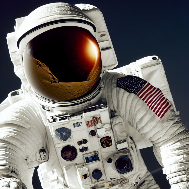 Astronaut in white space suit with gold visor on Mars