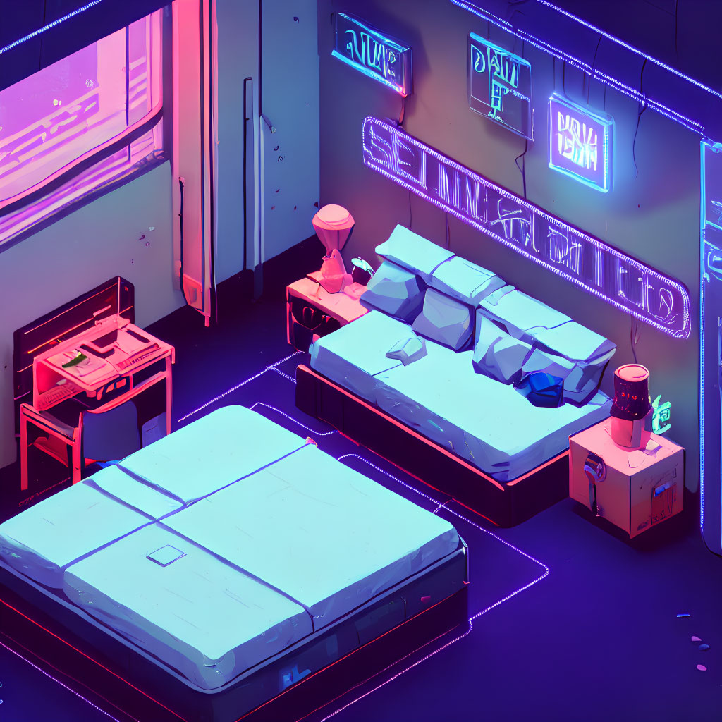 Neon-lit room with cyberpunk aesthetic and glowing signs.