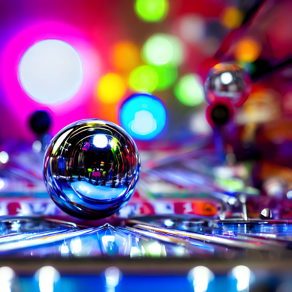 Colorful Close-Up of Pinball Machine with Crystal-Clear Ball and Blurry Lights