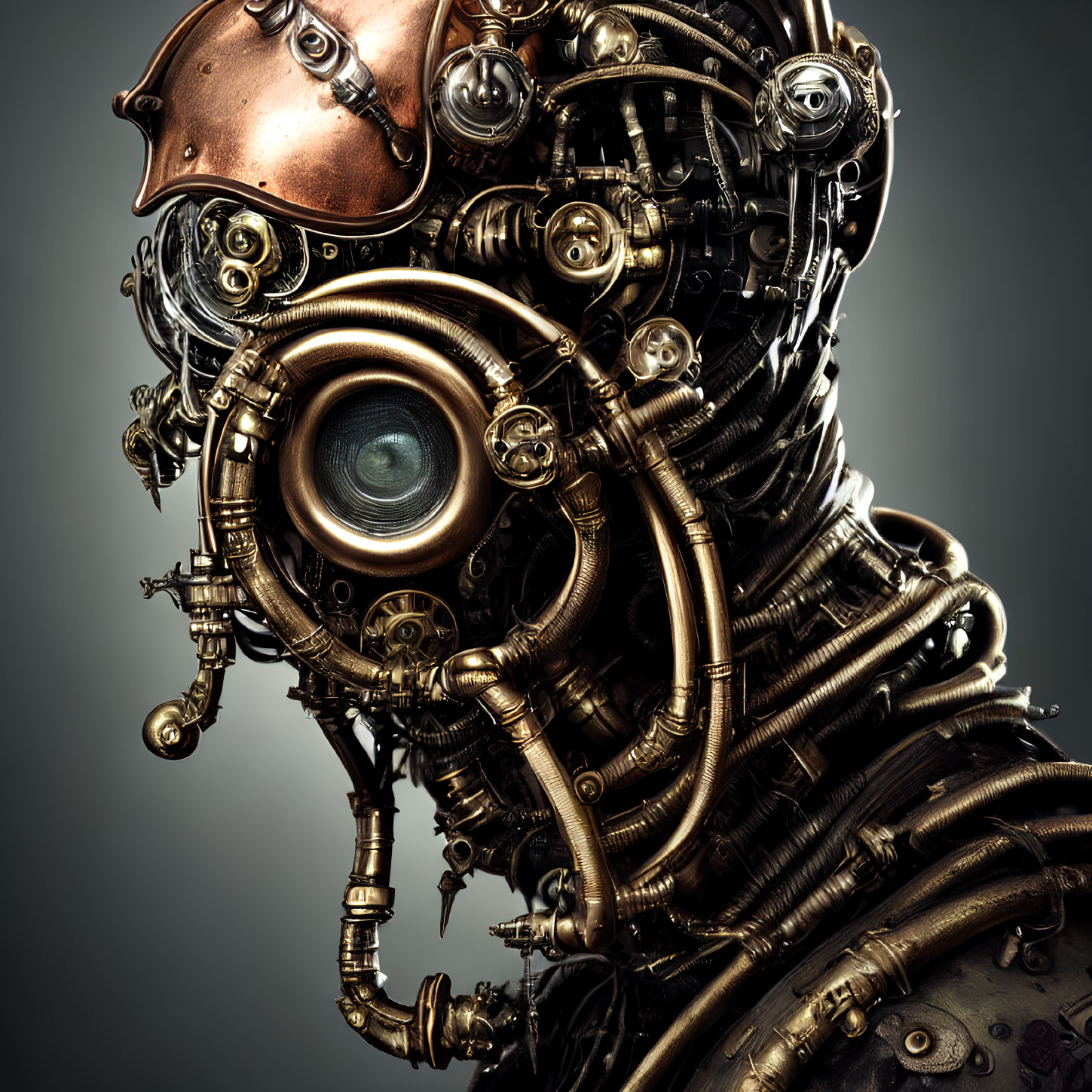 Steampunk-style robotic head with brass pipes and gears on grey background