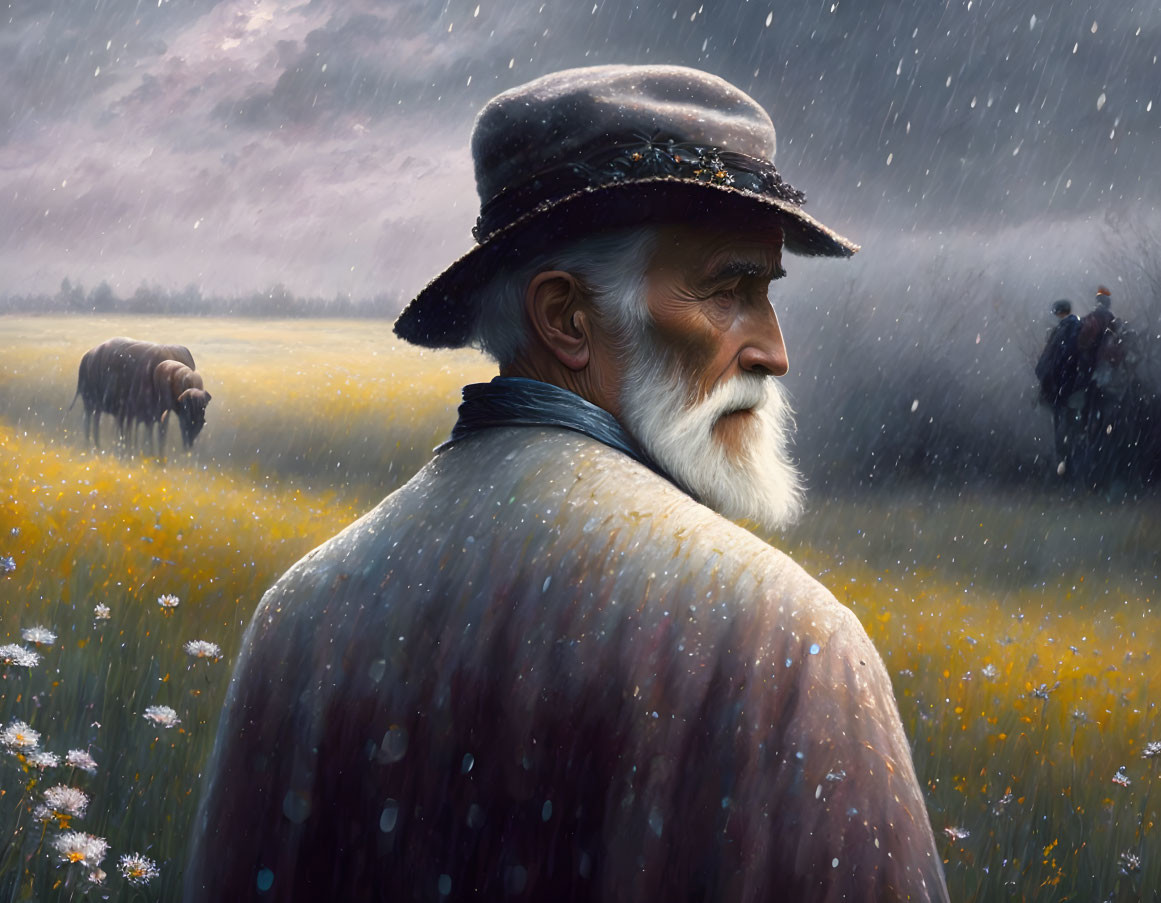Elderly man with white beard and hat gazes at rain-soaked field with bison and