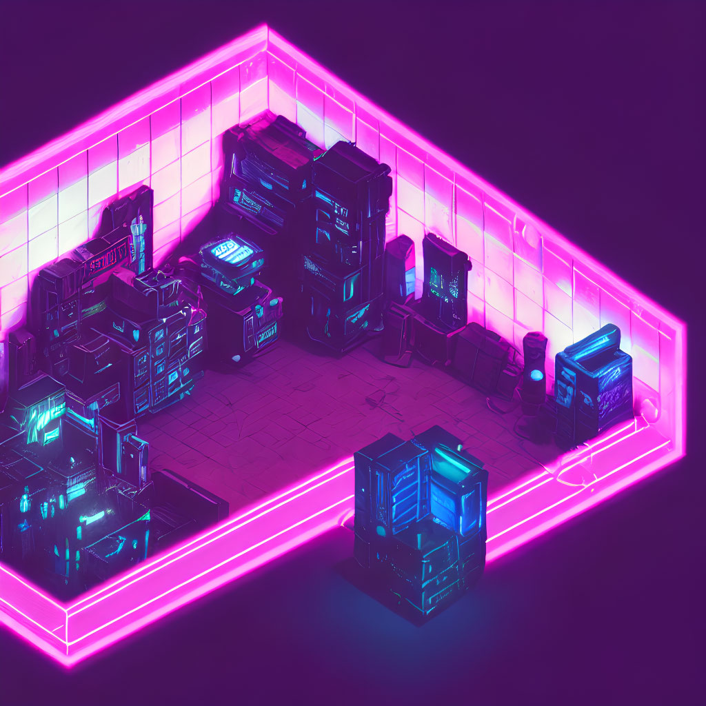 Futuristic cyberpunk cityscape with neon-lit buildings