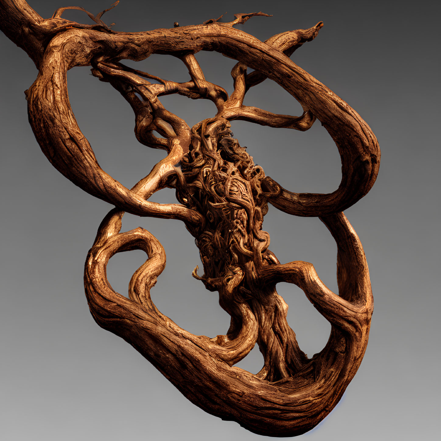 Detailed wooden sculpture of twisted tree on grey background