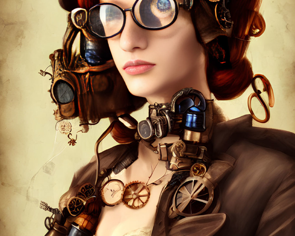 Steampunk Woman in Clockwork Theme on Cream Background