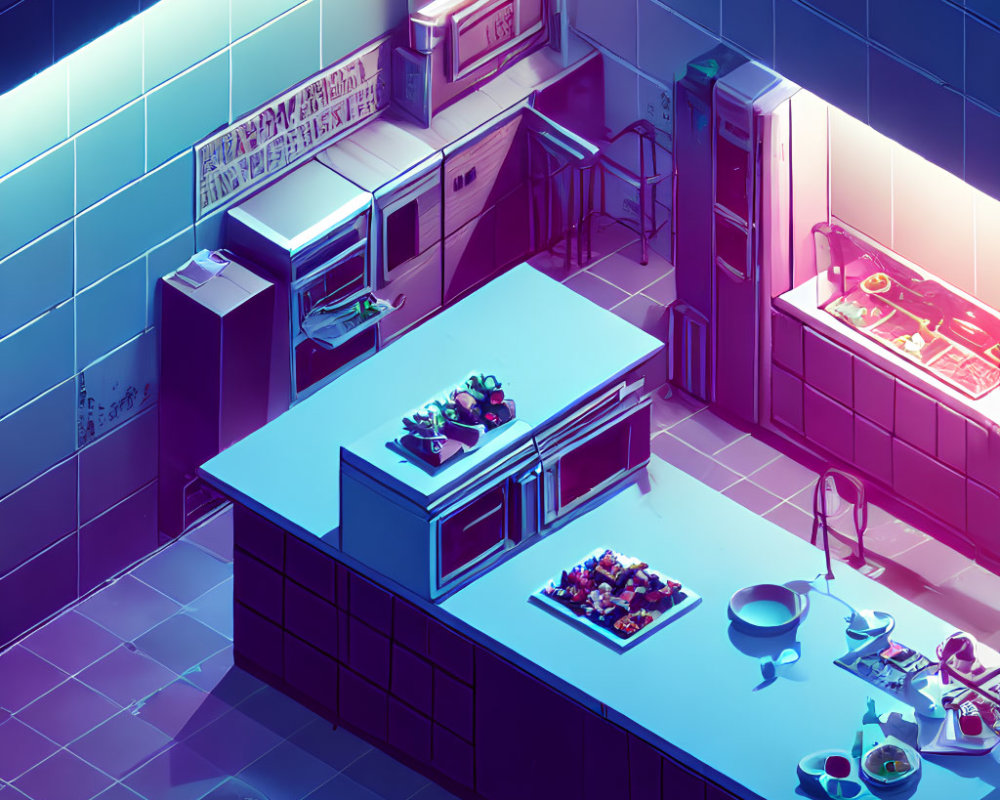 Modern kitchen with neon lighting, cookware, and fruit bowls