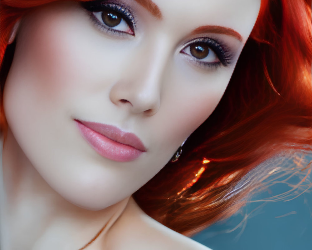 Vibrant red-haired woman with blue eyes and purple eyeshadow portrait