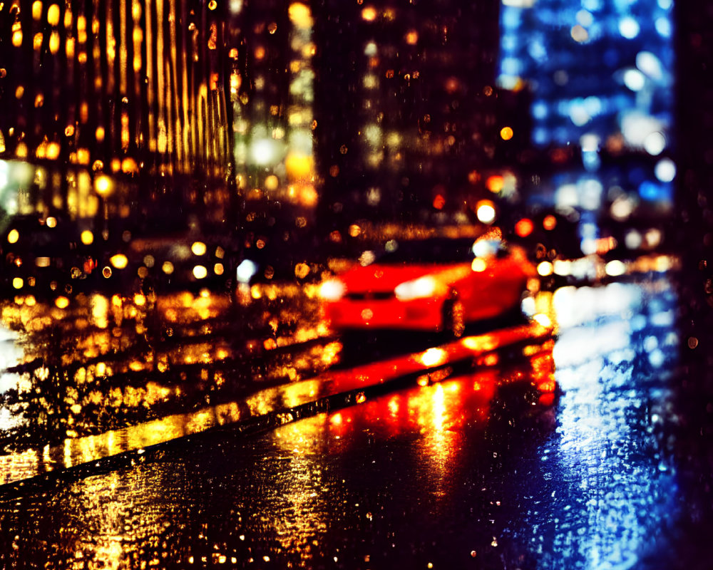 Vibrant reflections on rain-soaked city street at night