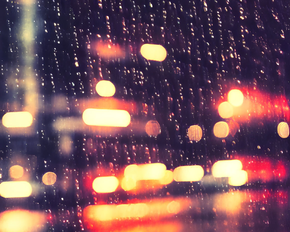 Raindrops on window with colorful city traffic bokeh lights at night