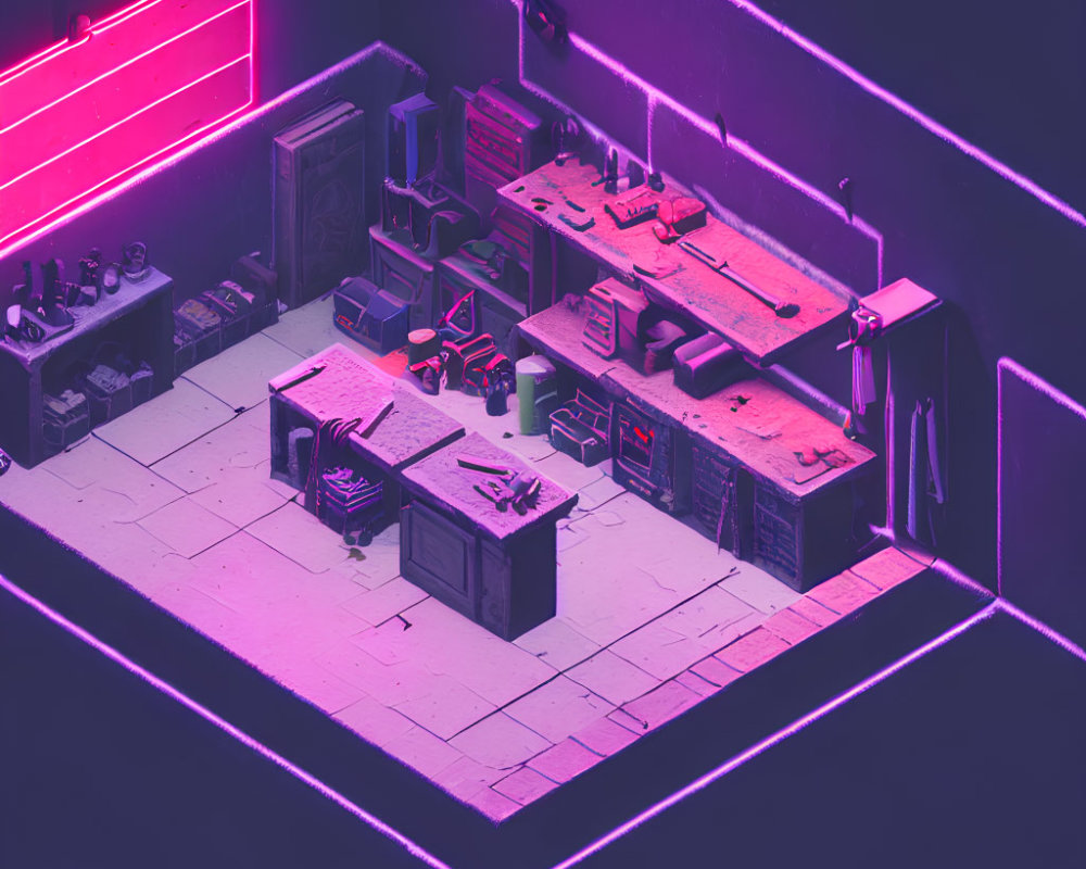 Neon-lit workshop with purple and pink hues showcasing tools and machinery