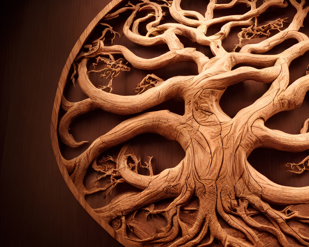 Circular tree of life wooden carving with intricate details on dark background