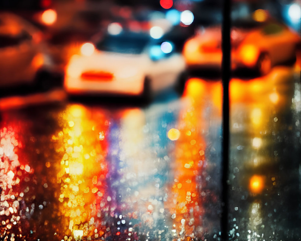 Colorful reflections on rain-soaked night street with blurred cars and vertical line