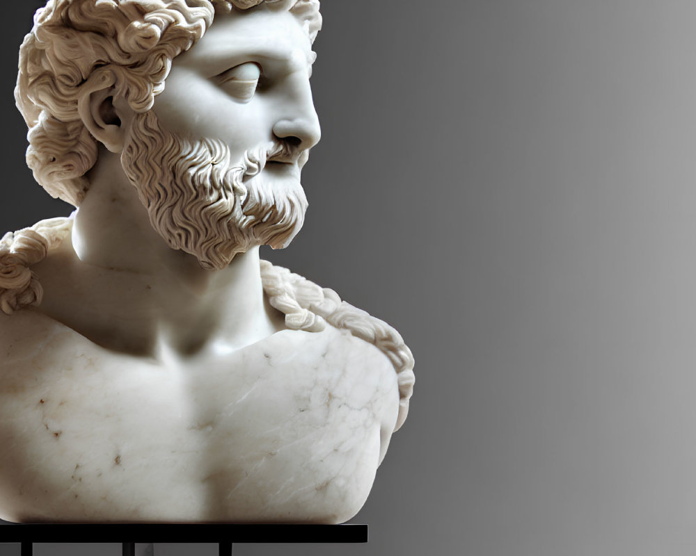 Classical marble statue of serene bearded man with detailed curly hair